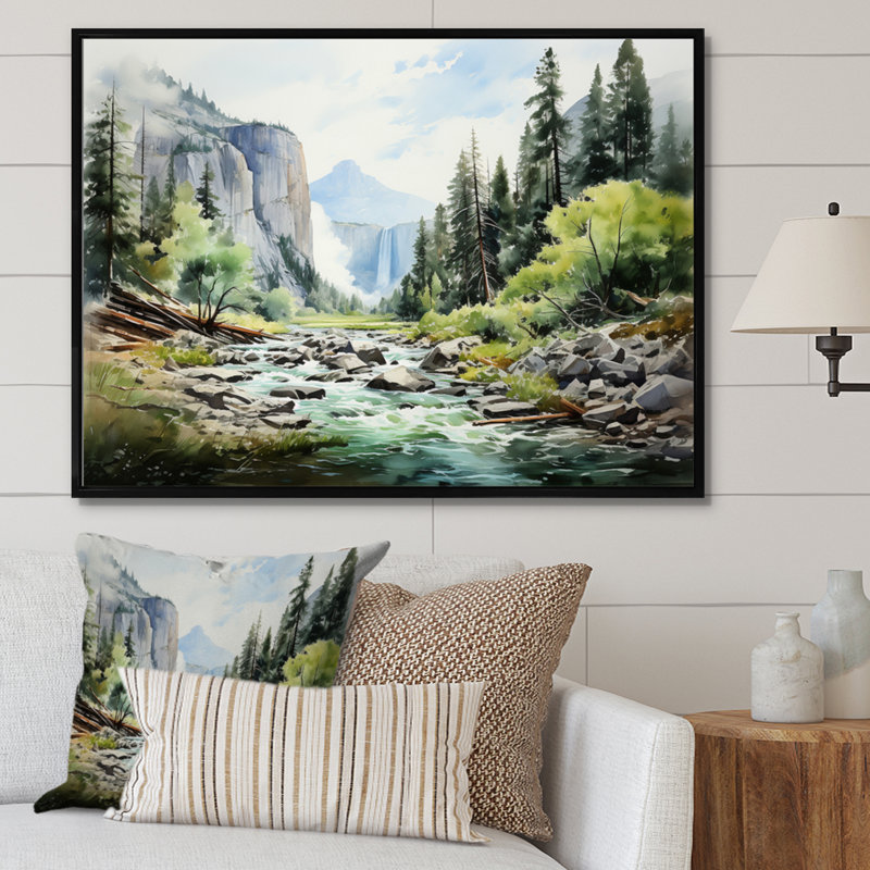«Green Blue Mountains Cascade Symphony», reproduction d'art sur toile, Cadre flottant noir, H 12 po x l 20 po x P 1 po