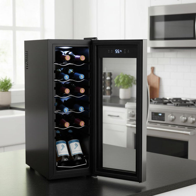 NutriChef Single Zone 17.72'' Freestanding 12 Bottle Wine Refrigerator