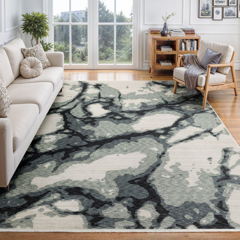 Maline Abstract Elements Blue/ Ivory Area Rug, Rectangle 5'3" x 7'9"