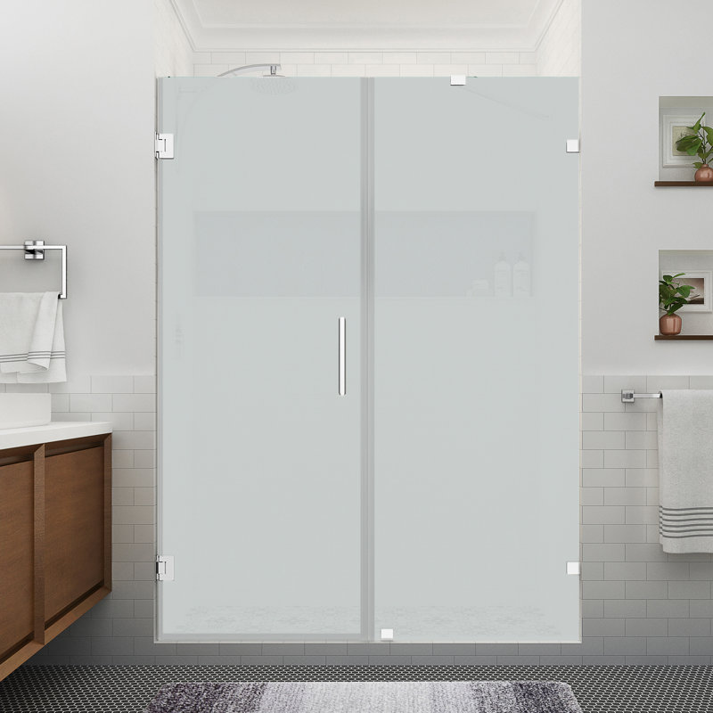 Nautis XL 65.25 to 66.25 in. W x 80 in. H Hinged Frameless Shower Door W/ Ultra-Bright Frosted Glass, Chrome