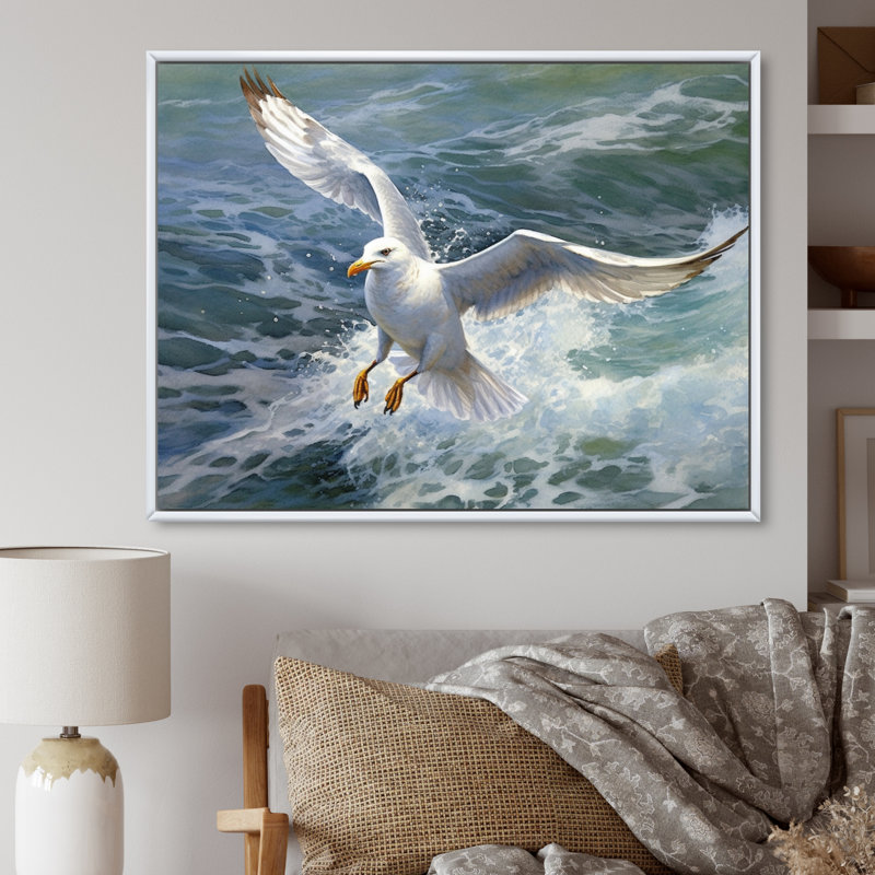 «Watchful Seagull IV», art mural sur toile, Cadre flottant blanc, H 24 po x l 32 po x P 1 po