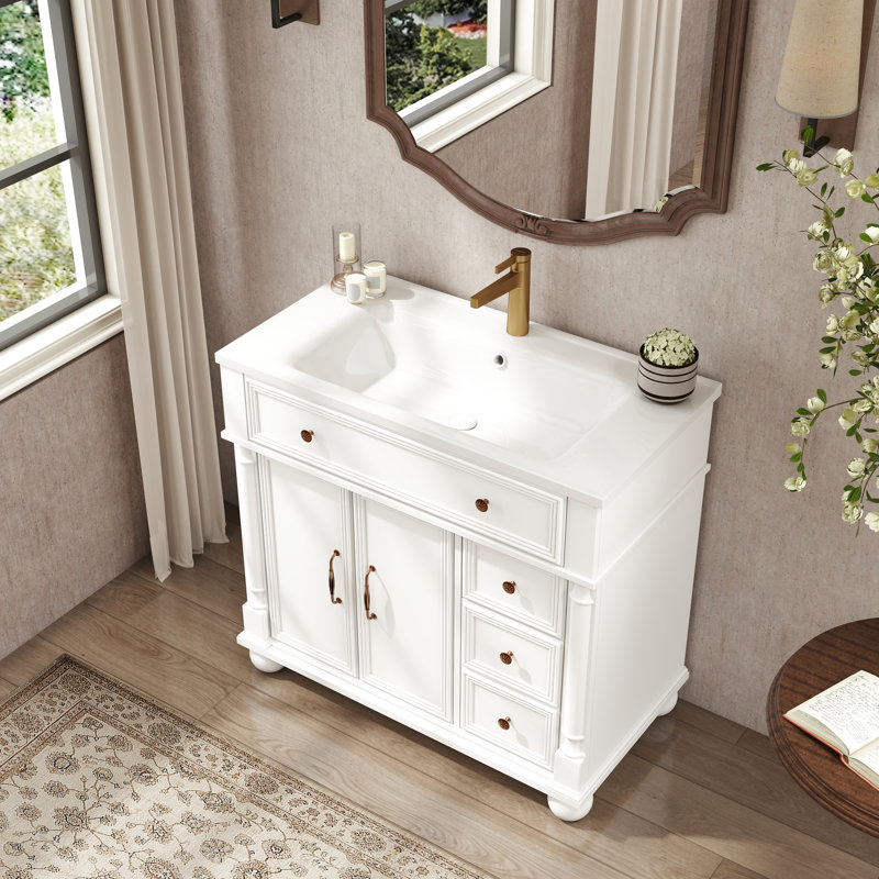 Meuble-lavabo de salle de bain 35,6 po avec une colonne romaine, une fabrication de haute qualité, des poignées en métal et une capacité de conception Mid-Century en céramique blanche, des armoires à tiroirs de rangement, facile à entretenir