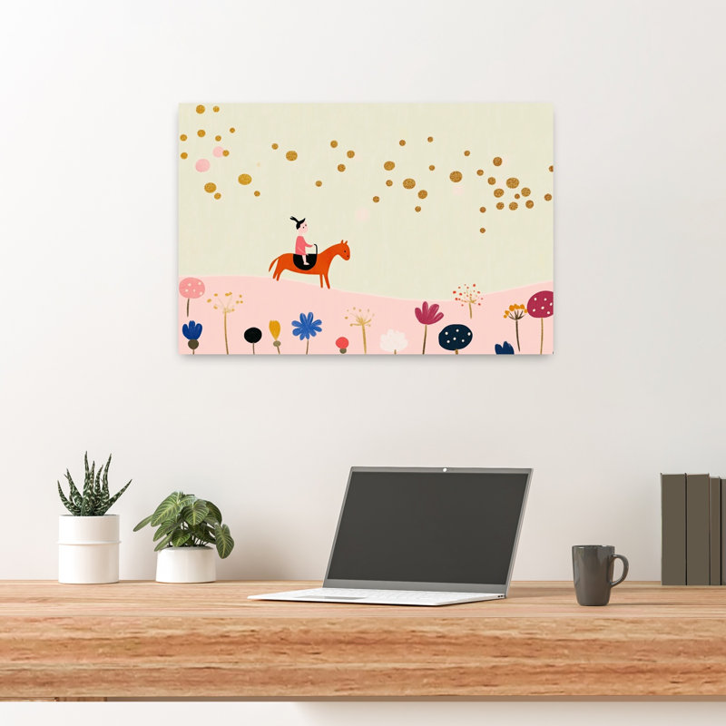 Little Girl'S Golden Ride Dreamy Serene Whimsical Horse Flower Nature Wall Art Print by Mathieu - Wrapped Canvas Print
