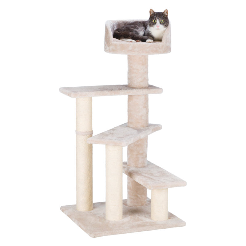Greige Plush and Sisal 4-Level Cat Tree with Bed