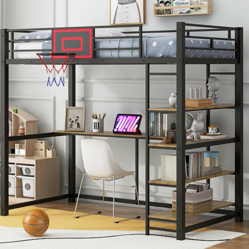 Metal Loft Bed With Shelves, Desk And Basketball Hoop