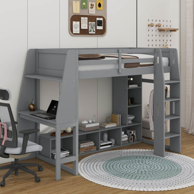 Lit mezzanine en bois avec bureau, étagères à rangement multiples, DEL et portemanteau suspendu