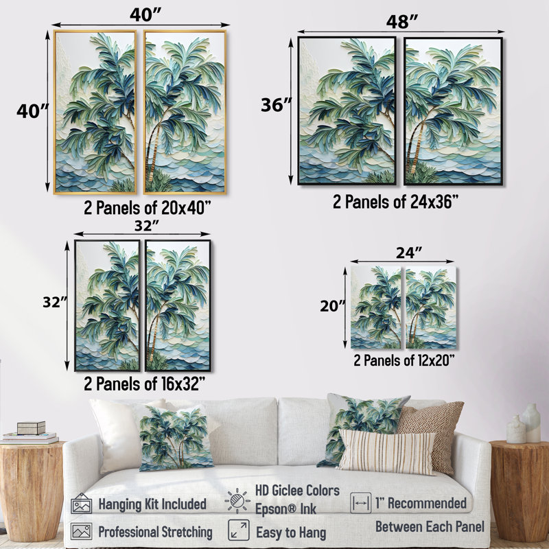 «Green Minimalims Palm Trees» - Art mural traditionnel, 36" H x 48" W, Impression encadrée flottante, Black