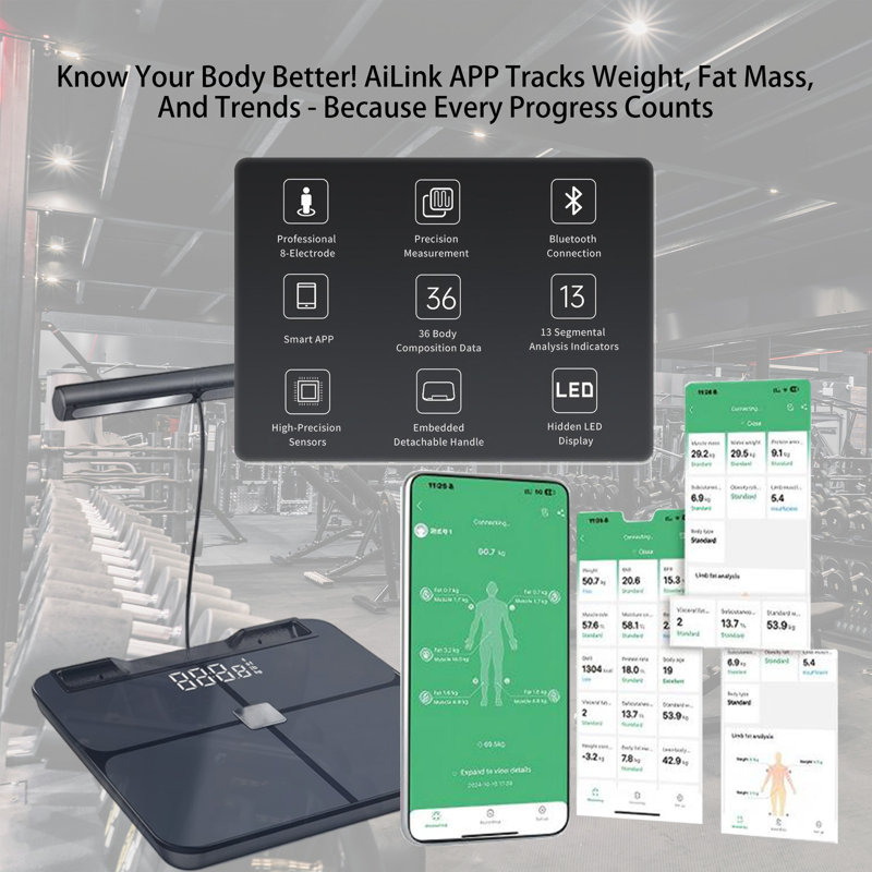 Pèse-personne de salle de bain intelligent à 8 électrodes avec capteur de poche umiucrye, grand écran DEL, Bluetooth App Sync, 36 mesures corporelles, IMC, suivi de la graisse corporelle et des muscles, capacité de 400 lb, noir