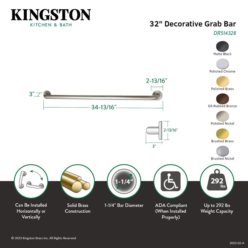 Barre d'appui de 1-1 / 4 po Kingston Brass Meridian, H 2,81 po x L 34,81 po, Laiton poli