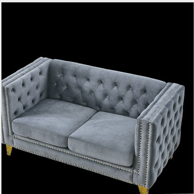 Canapé en velours pour le salon, canapé à accoudoirs carrés touffetés à boutons, canapé moderne rembourré avec boutons et pieds en métal, canapé pour la chambre à coucher, velours