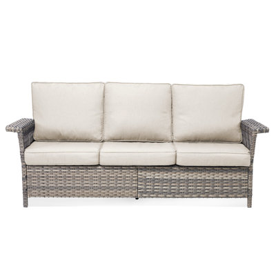 76.7" Wide Outdoor Wicker Patio Sofa, Wide Armrest Outdoor Couch With Beige Cushions For Porch Garden