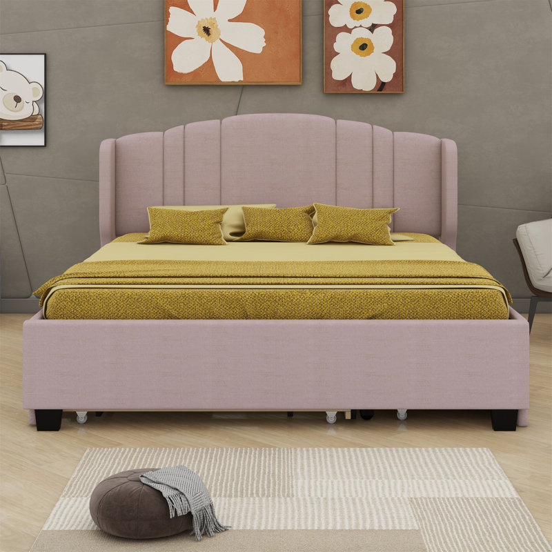 Lit plateforme tapissier avec tête de lit à oreilles, gigogne simple et 2 tiroirs, Rose / blanc