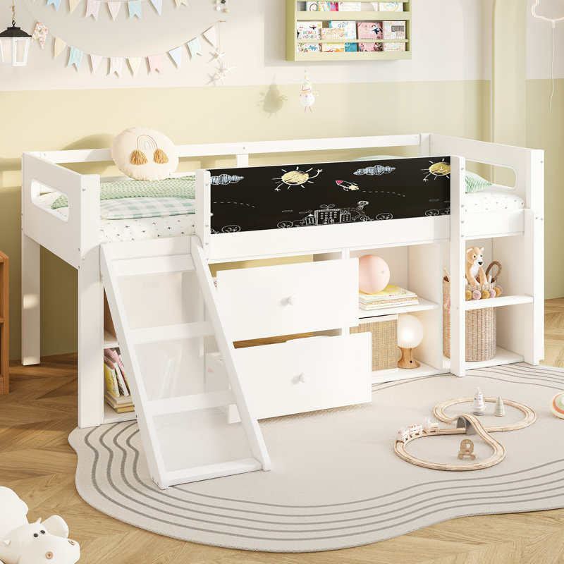 3ft Single Modern Wood Bed with Slide and Chalkboard with 2 Drawers & Storage Shelves