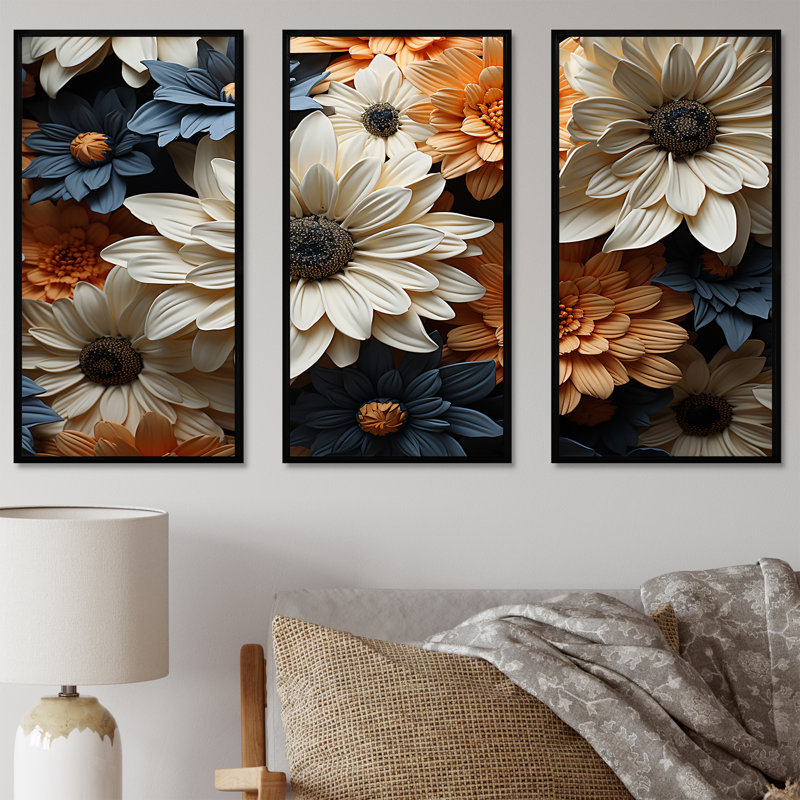 «White and Orange Daisy Florescence Radiance» - ensemble d'art mural marguerites, H 40 po x l 60 po x P 1 po