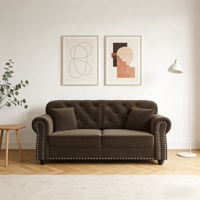 Beige/white 41.3'' Mid-century Modern Chesterfield Sofa - Velvet Upholstered With Nailhead Trim, Rolled Armrests, Button Tufted & 1 Included Pillow