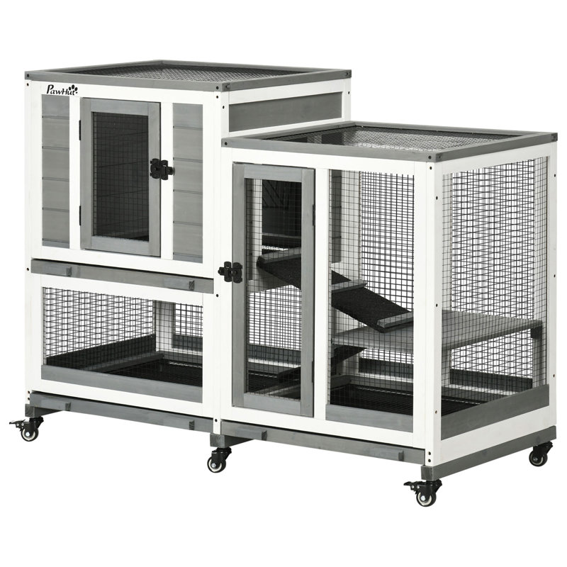 Cage à lapin d'intérieur, cage à lapin en bois à trois étages avec coulisses, roues, toit imperméable et plateaux amovibles, gris