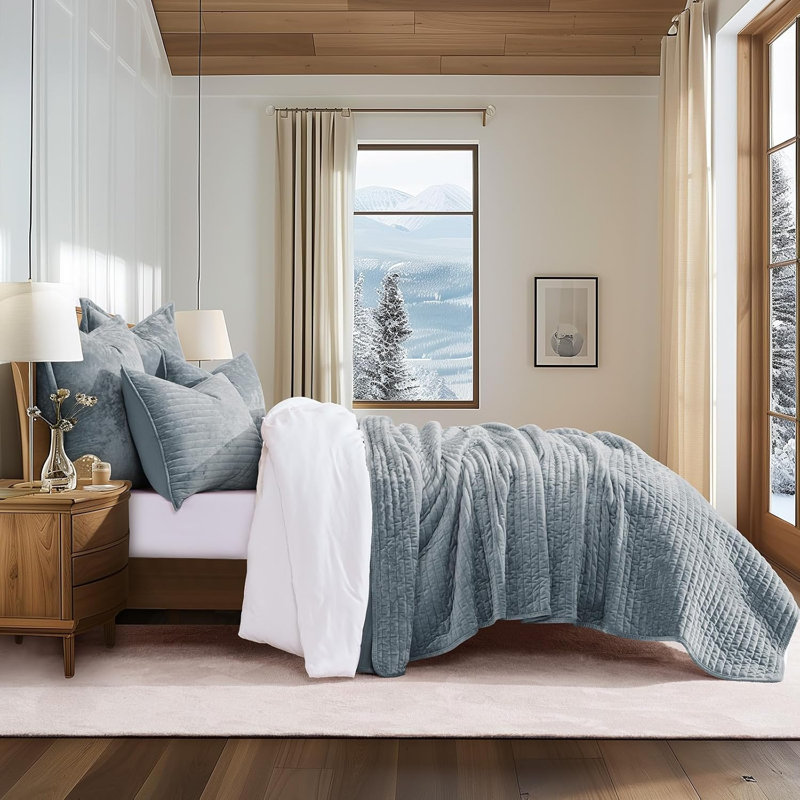 Luxe Velvet Channel Quilt Set, Queen, Blue Linen