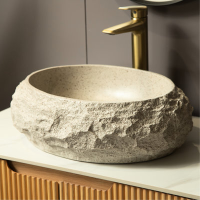 Lavabo vasque ovale irrégulier en résine 18 po, motif pierre, aspect artistique, beige, sans robinet, lavabo de salle de bain à faible effort avec couleur beige, facile à nettoyer