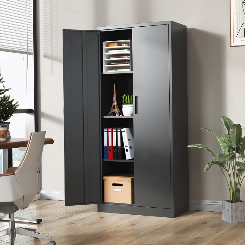 71"H Metal Garage Storage Cabinet, Tool Steel Locking Cabinet With Doors And 3 Adjustable Shelves, Tall Cabinets, Black