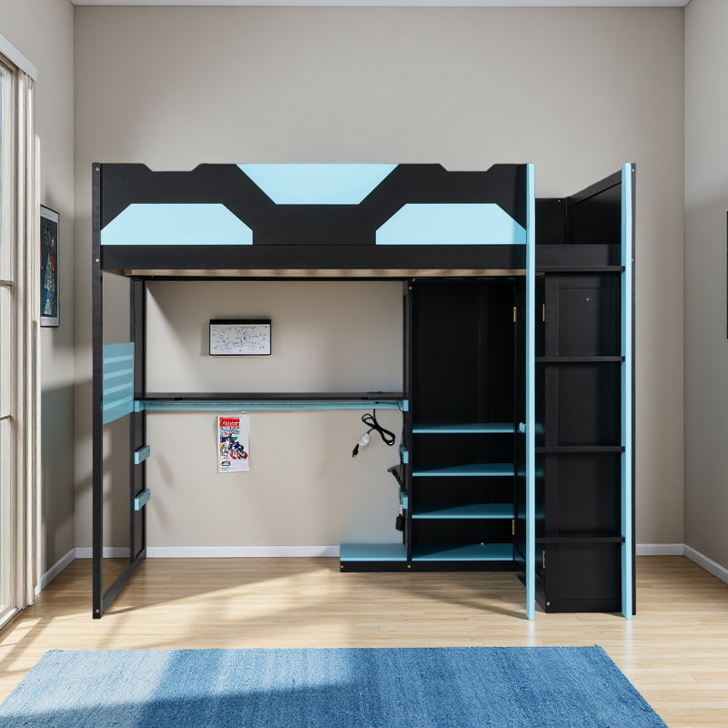 Lit mezzanine double en bois avec bureau, Bleu