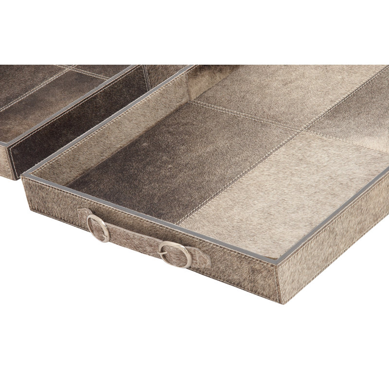  Arabella Leather Gray Wooden Handmade Cowhide Living Room Decor Tray with Slot Handles, Set of 2, Gray
