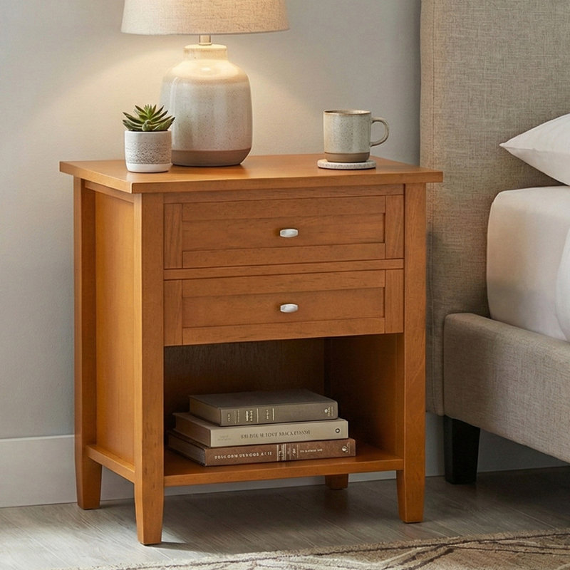 Table de chevet transitionnelle en bois massif avec tiroirs et tablette ouverte Warm Shaker, Brun doré clair