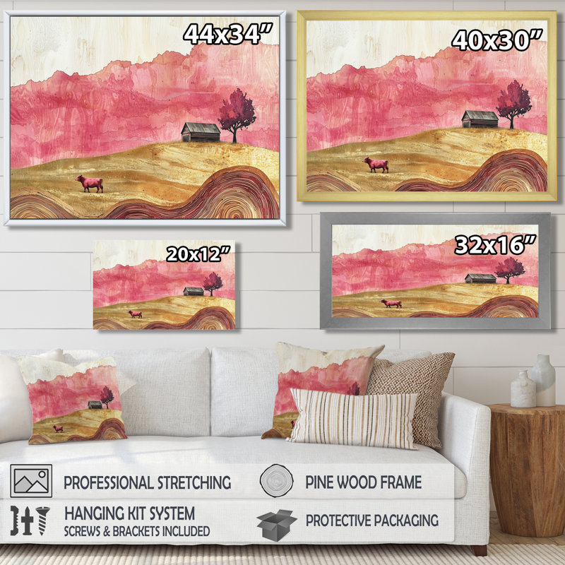 Grange aux roses avec champ de vaches - Paysage I - vache, œuvre d'art murale, H 24 po x l 32 po, Cadre flottant