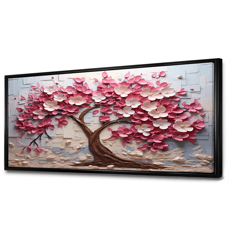 Orchidée rose et blanche, branches II - art mural arbre, H 28 po x l 60 po x P 1,5 po, Cadre flottant noir