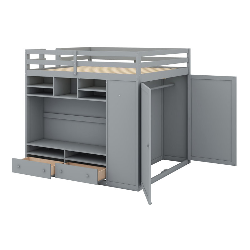 Loft Bed With Drawers, Shelves And Light, Grey