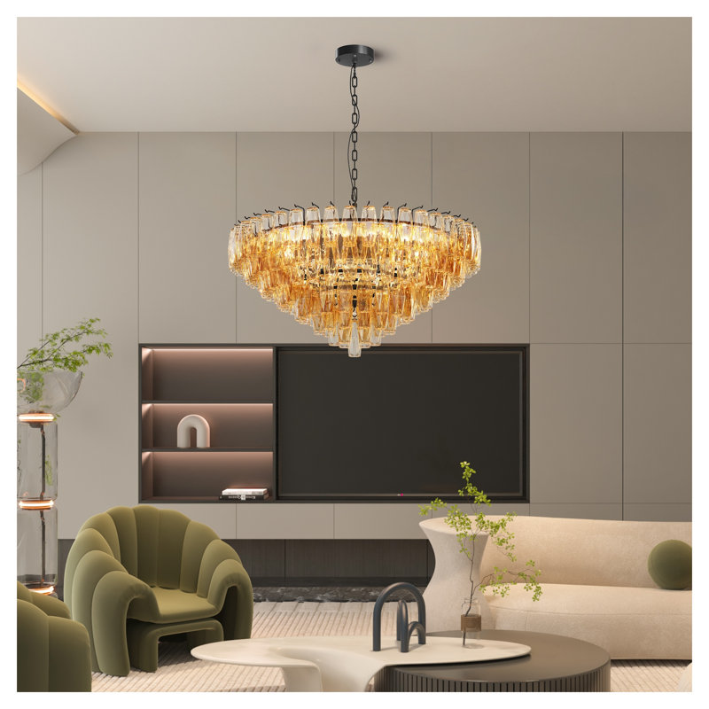 Modern Round Chandelier, 37" Extra Large Tiered Smoke Glass Pendant Light Fixture with Adjustable Height for Dining Room, Living Room & Kitchen Island