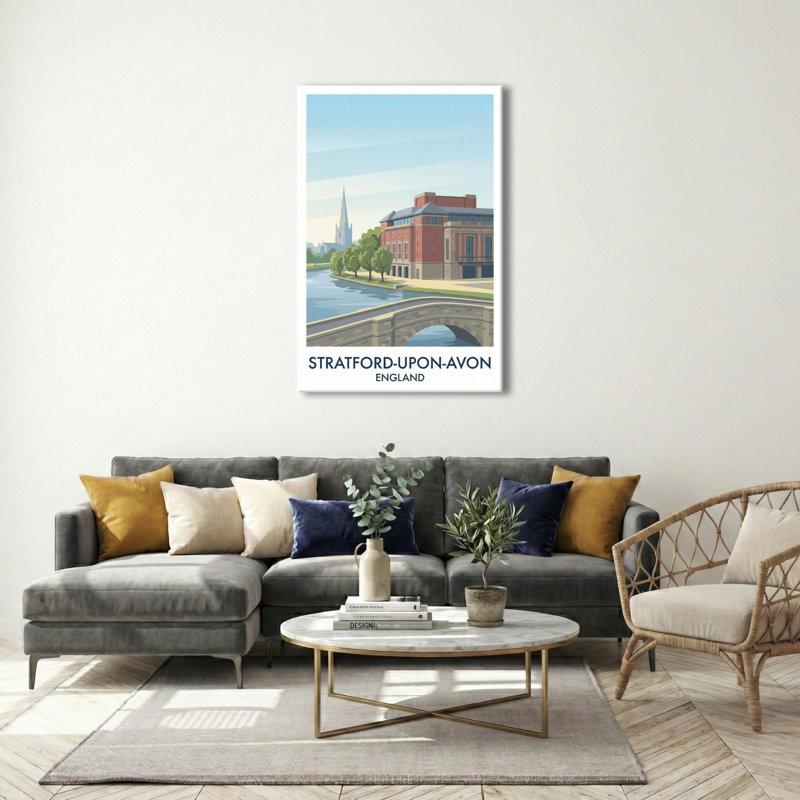 Stratford-upon-Avon, England - Romantic Riverbank Travel Poster of Shakespeare's Hometown. Giclee Print on Wrapped Canvas. Wall Art, Home Decor - Cities & Towns, England 1 Piece Wrapped Canvas Wall Art