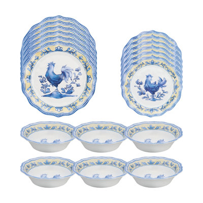 Blue Rooster 18 Piece Melamine Dinnerware Set Plate and Bowl Set - Service for 6