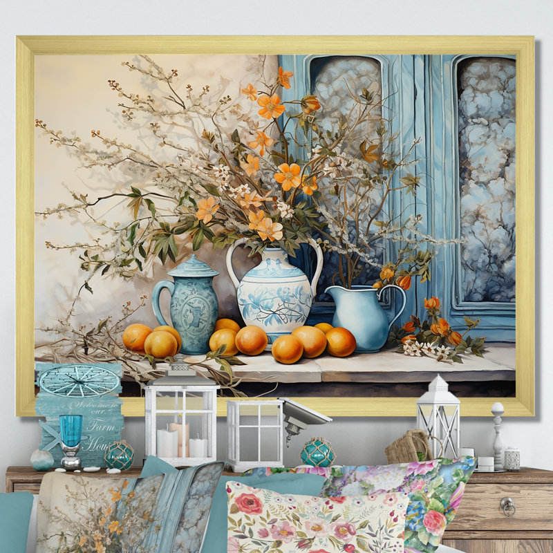 Vase à fleurs oranges campagne - Décoration murale fleurs, Cadre photo unique, H 30 po x l 40 po, Doré