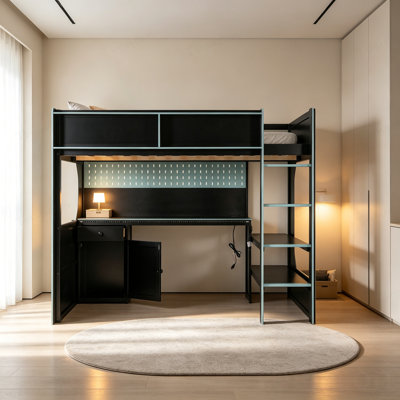 Lit mezzanine double avec bureau intégré et lumières, base de lit en bois moderne avec bureau et station de charge intégrée