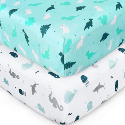 Ensemble de draps pour lit de bébé pour 2, drap-housse standard et pour tout-petits, matériau doux et respirant, neutre pour bébé, océan de dinosaures