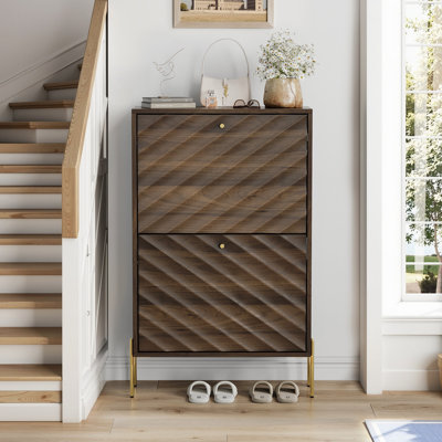 23.6 Inch Walnut Shoe Cabinet, Mid-Century Modern Freestanding Shoe Cabinet,  Freestanding Organizer With Metal Legs,  Suitable For Entry, Hallway And Entryway