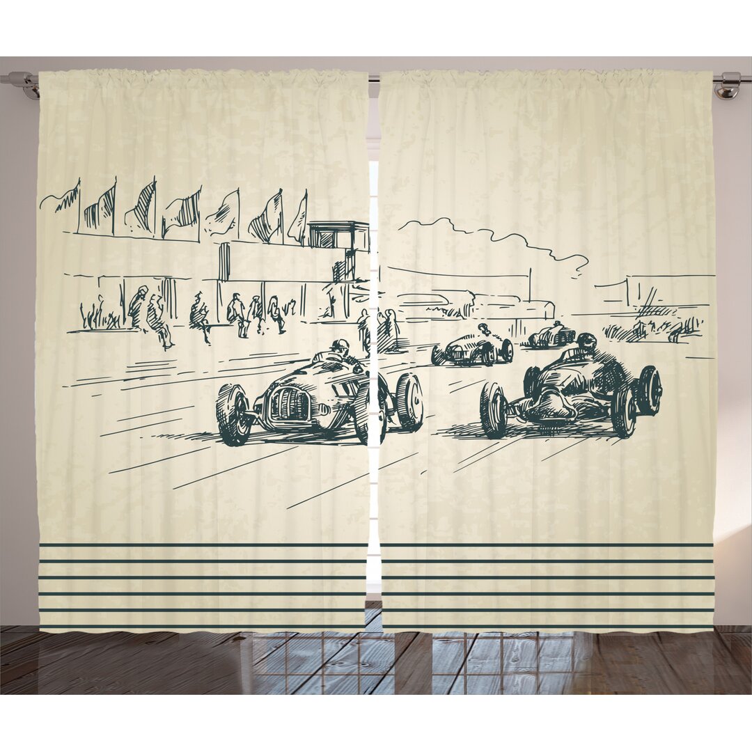 Rustikaler Vorhang, Racing Cars Sketchy, Oldtimer, Beige Forest Green