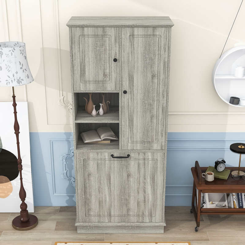 Armoire de rangement autoportante avec panier rabattable et tablettes de rangement, Chêne