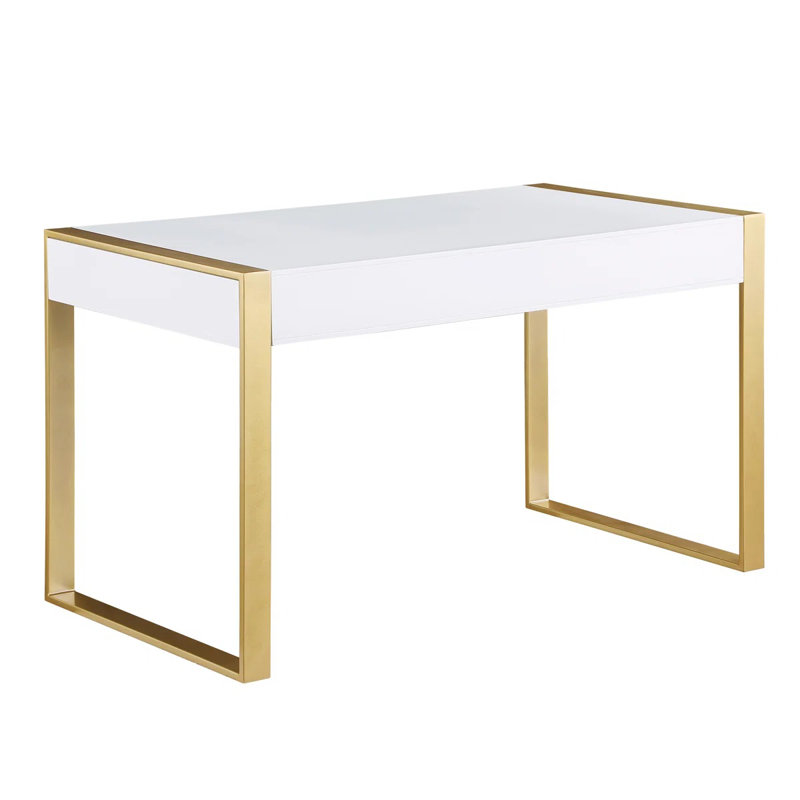 White And Gold 2-Drawer Computer Desk For Office Or Home Study, Lacquer Finish Wood Gaming Desk With Metal Legs | Gift Idea
