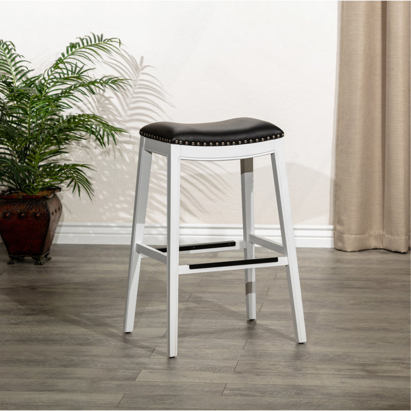 30" Bar Stool, White Finish, Black Leather Seat, Counter Stool (26.25" Seat Height), Black Seat/White Frame