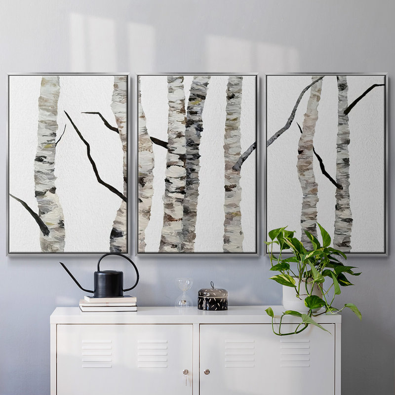 Birch Trees II, reproduction sur toile 3 pièces, H 40 po x l 78 po x P 2 po, Argent