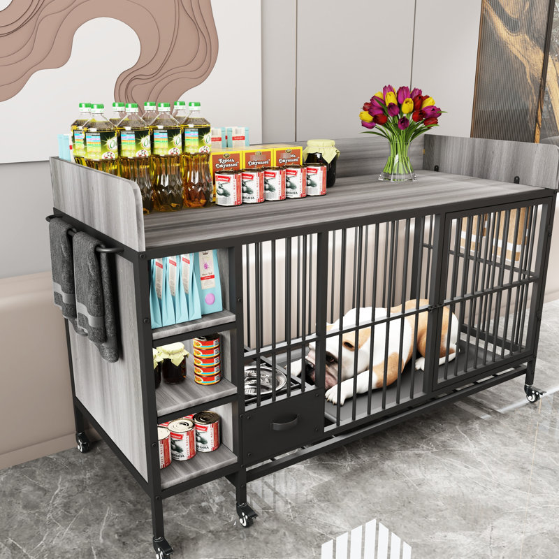 Grande cage pour animaux avec rouleau et cuve en fer de 57,72 po Profondeur, 23,73 de largeur, 34,01 de hauteur, noir + gris fumée sur roulettes: gris