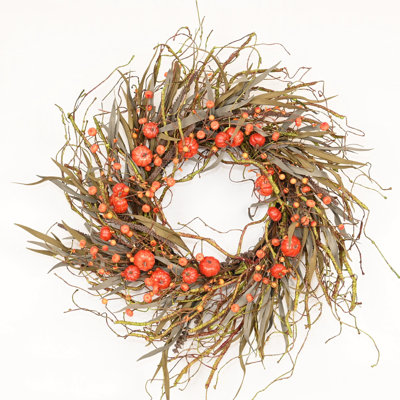 26" Artificial Farmhouse Pumpkin Thanksgiving Day Harvest Blossom Cluster Grass Berry Fall Wreath For Front Door