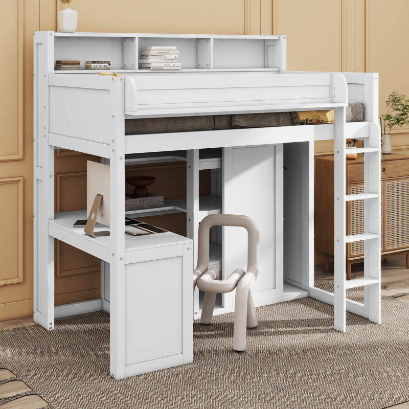 Twin Size Loft Bed With Shelves And Wardrobe, White