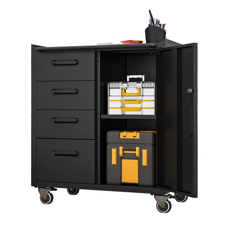 Armoire de rangement robuste en acier avec roulettes verrouillables - Organisateur de garage mobile avec 4 tiroirs et tablettes réglables, noir / gris