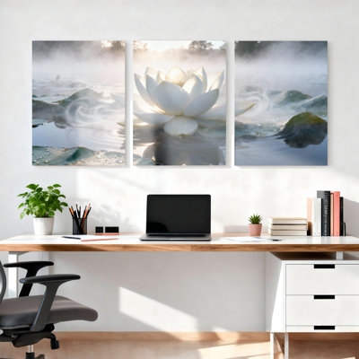 «White Lotus Flower Water Reflection», ensemble de 3 reproductions d'art sur toile tendues sur toile