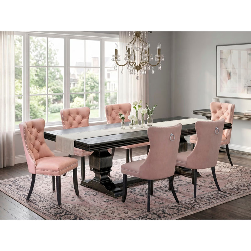 L'ensemble de salle à manger 7 pièces contient une table de cuisine rectangulaire et 6 chaises modernes en tissu de polyester rouge beige, noir sablé