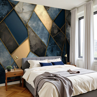 Peel and Stick Wallpaper 96" W x 69" H Modern Self Adhesive Wall Mural for Bedroom Abstract Navy Blue Gold Watercolor Brush Golden Mosaic Artificial