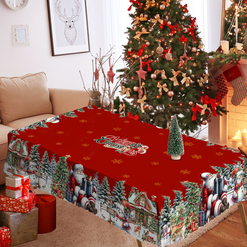 1pc round/rectangular polyester tablecloth, Christmas tablecloth with pine, snowman, truck, embosed edge, Christmas decorations for dining table, festival party holiday table decoration, perfect festival gift