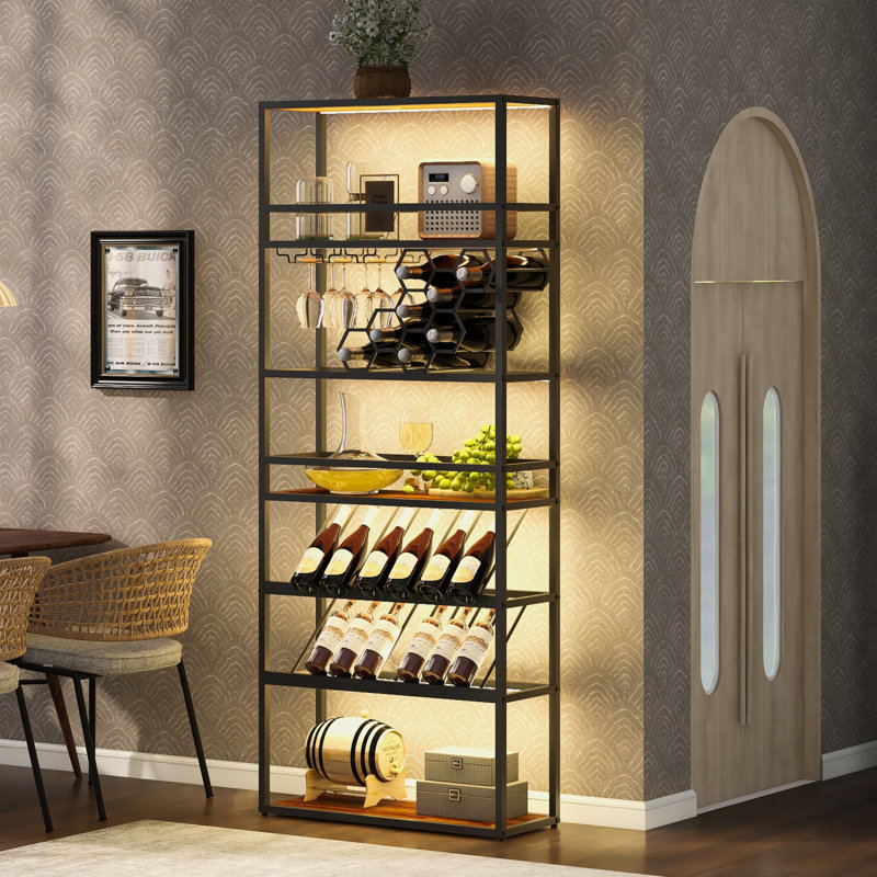 Étagère à vin à DEL avec plancher autoportant à 7 niveaux avec support pour verre et rangement pour le vin, armoire à vin avec étagère à vin industrielle